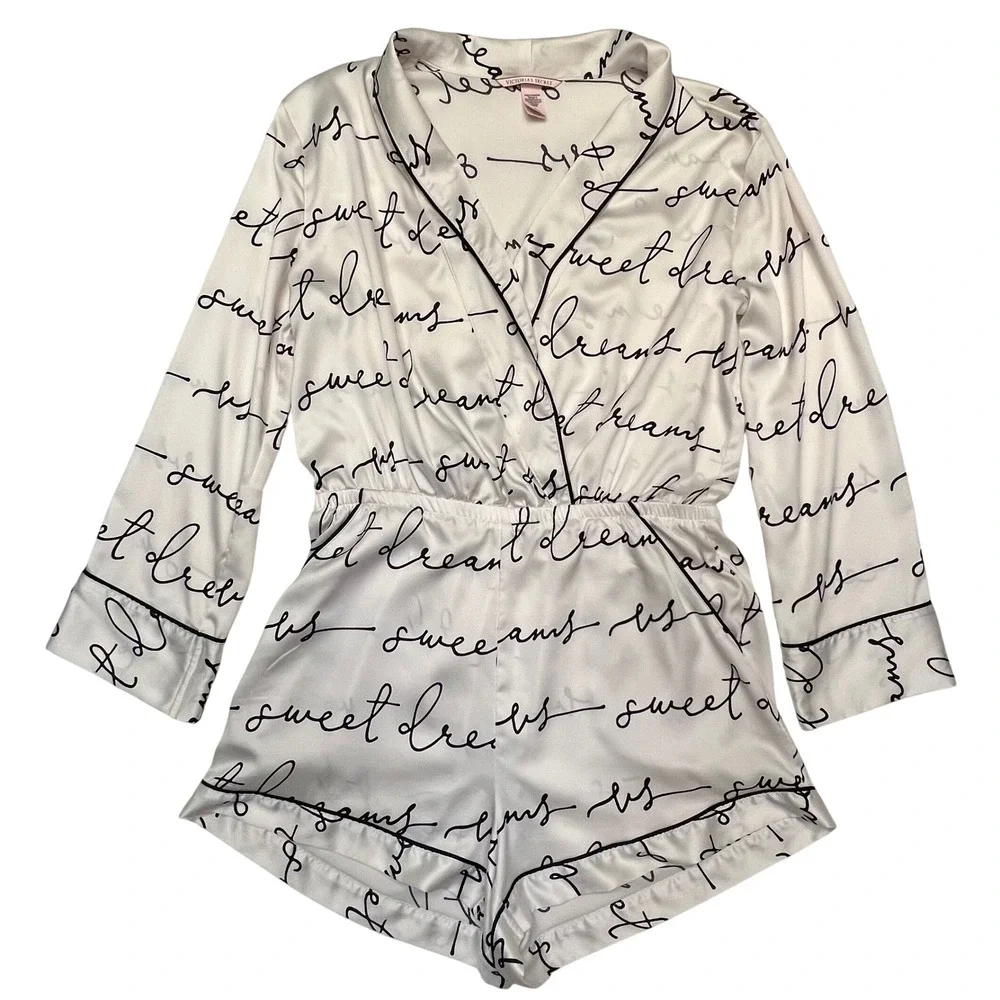 Victoria's Secret White Satin Script Print Pajama Romper Sleepwear Size‎ M